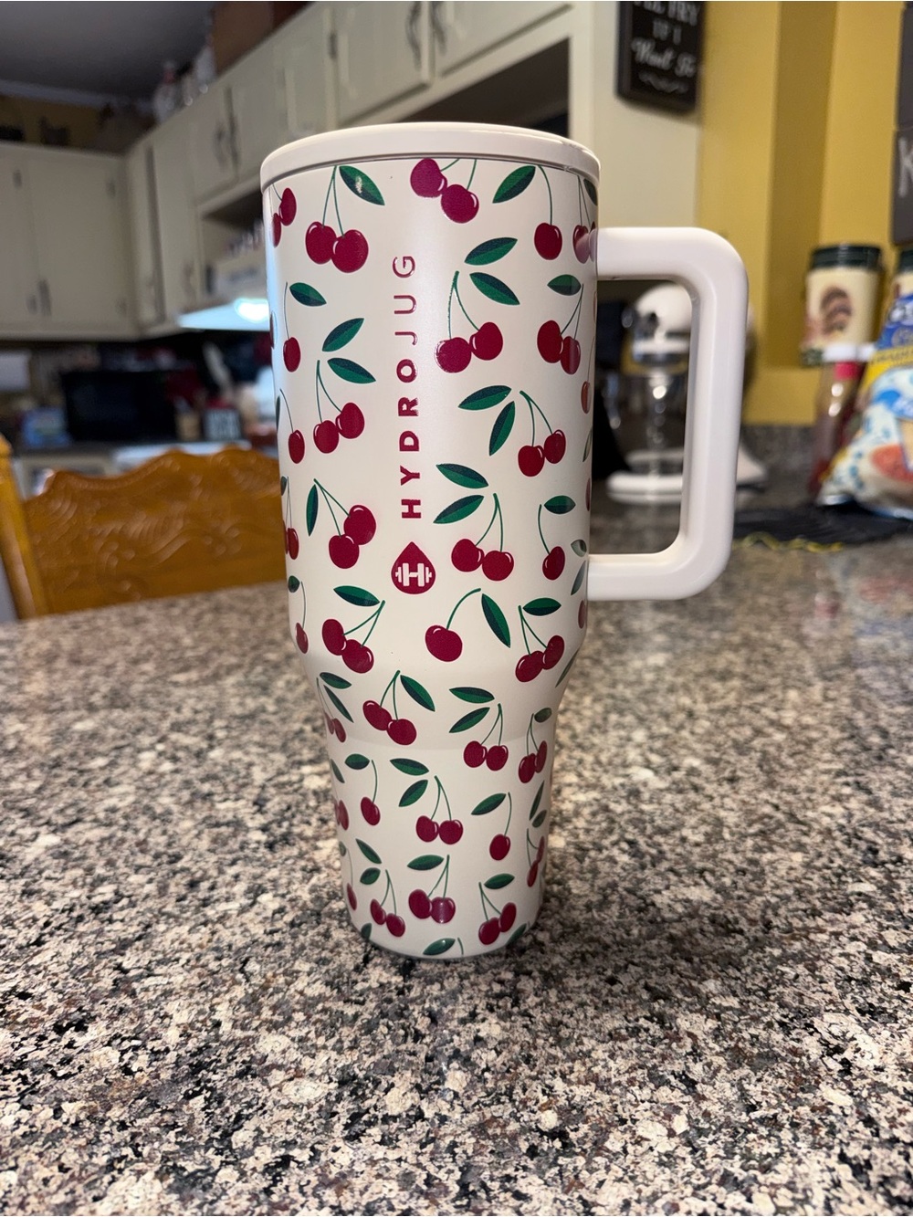 HydroJug White Cherry Pattern Travel Tumbler with Handle